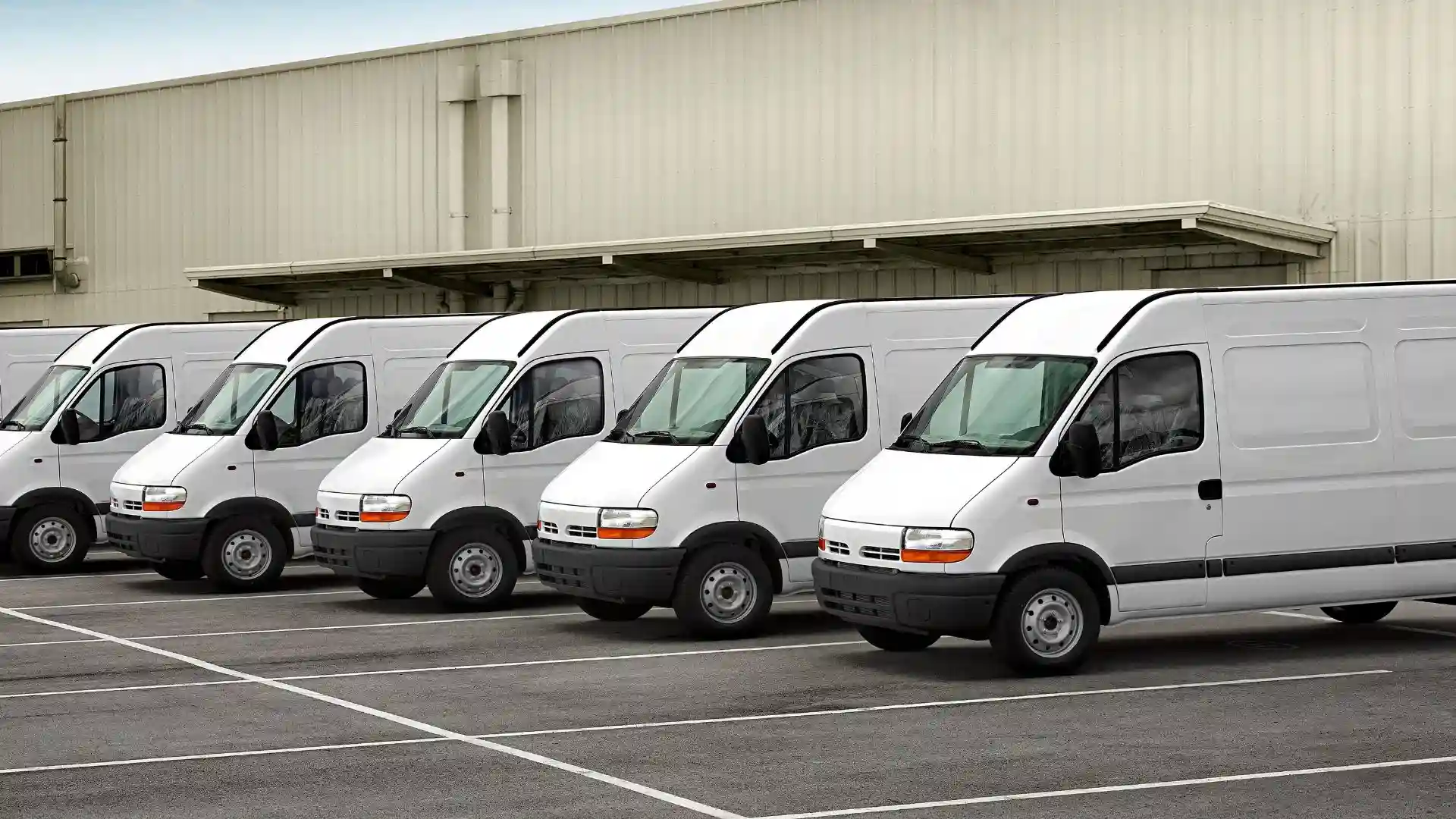 Fleet of white corporate vehicles and vans ready for auto services.