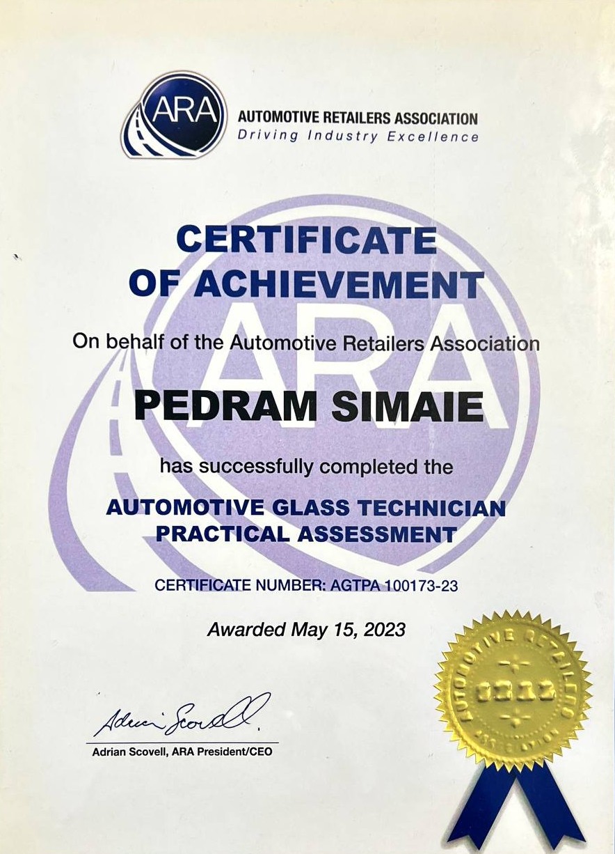 Certificate of Achievement for Pedram Simaie, confirming completion of the Automotive Glass Technician Practical Assessment, awarded by the Automotive Retailers Association on May 15, 2023.