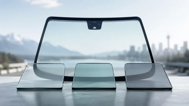 Side-by-side comparison of OEM, OEE, and aftermarket windshield glass with modern ADAS windshield design.