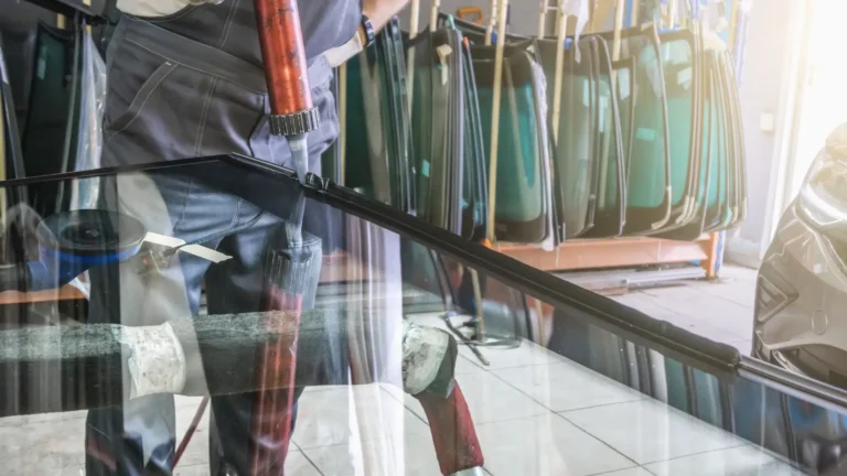 Technician installing a replacement windshield in an auto glass workshop in Canada.