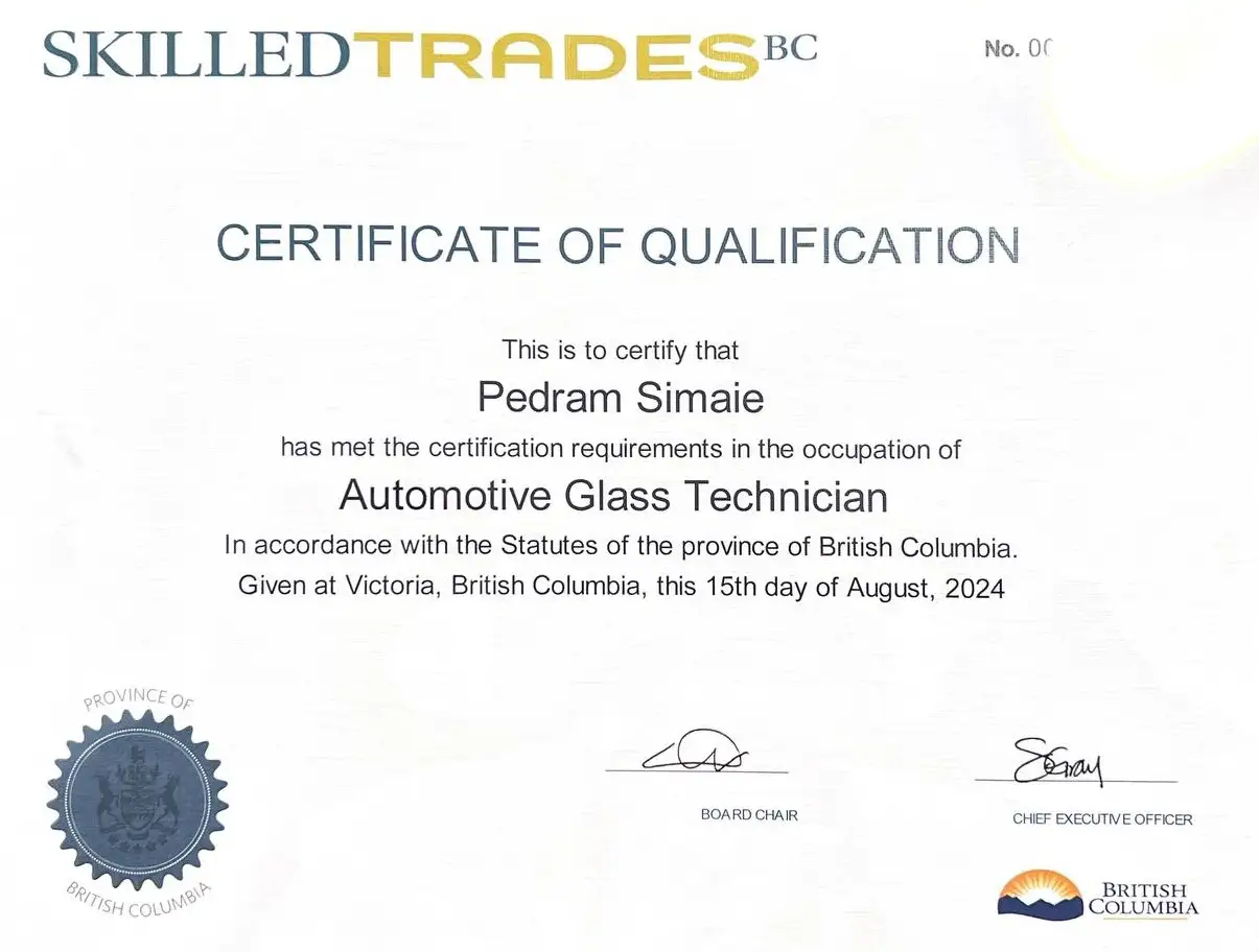 Official SkilledTradesBC Certificate – Pedram Simaie, Certified Automotive Glass Technician, BC Auto Glass.
