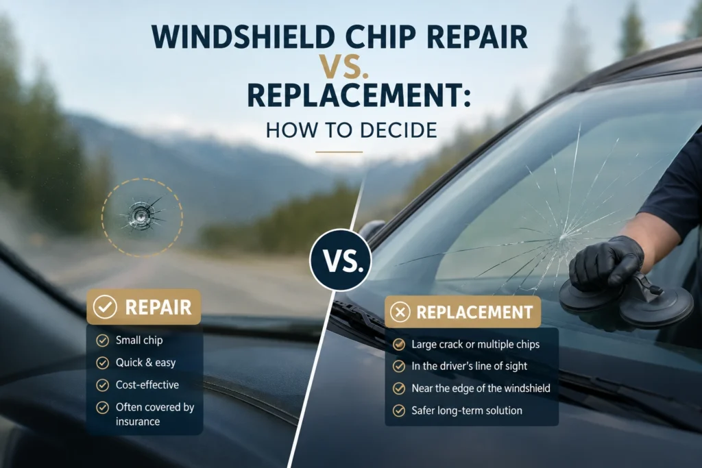 Comparison of windshield chip repair and windshield replacement showing a small repairable chip and a cracked windshield that requires replacement.